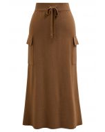 Fake Pocket Stylish Tie-Waist Knit Skirt in Caramel