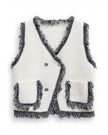 Fringe Edge Double-Breasted Knit Vest in White