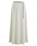 Chain Belt Fringe Hem Knit Maxi Skirt in Cream