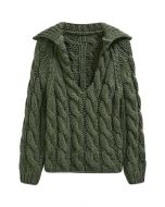 Collared V-Neck Chunky Cable-Knit Sweater in Army Green