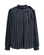 Striped Tie Neck Puff Sleeve Pleats Shirt in Navy