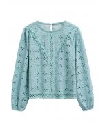 Intricate Petals Eyelet Embroidery Cotton Top in Turquoise