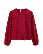 Intricate Petals Eyelet Embroidery Cotton Top in Red