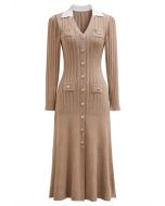 Attractive Stud Button V-Neck Collared Midi Dress in Tan