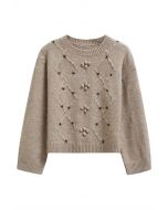 Floral Diamond Pom-Pom Ribbed Knit Sweater in Taupe