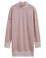 Contrast Stripe Mock Neck Knit Sweater Dress in Dusty Pink