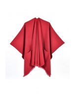 Whisper Soft Pocket Fringed Hem Poncho in Red