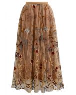 Whimsical Flowers Embroidered Mesh Tulle Midi Skirt in Camel