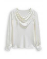 Pearly Butterfly Feather Trim Cowl Neck Top in White