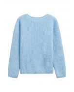 Solid Color Rib Knit Sweater in Light Blue