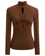 Shimmer Dotted Twist Front Cutout Mock Neck Top in Caramel