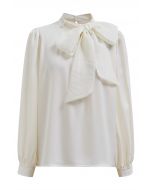 Pearl Neckline Side Bowknot Satin Top in Cream