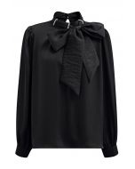 Pearl Neckline Side Bowknot Satin Top in Black