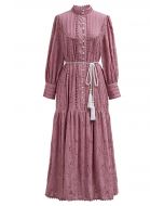 Floral Eyelet Embroidery Tassel String Buttoned Maxi Dress in Mauve