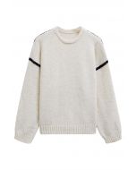 Whipstitch-Trimmed Dropped Shoulder Knit Sweater in Cream