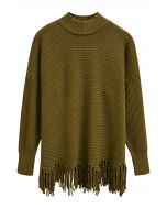 Asymmetric Fringe Hem Drop Shoulder Knit Sweater in Olive