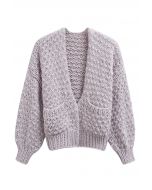 Chunky Hand Knit Patch Pocket Open Front Cardigan in Lilac