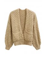 Chunky Hand Knit Patch Pocket Open Front Cardigan in Light Tan