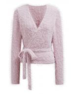 Wrap V-Neck Tie-Waist Fuzzy Knit Top in Light Pink