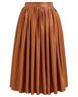 Glossy Orange Pleated Midi Skirt