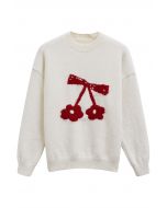 Delightful Cherry Bowknot Dropped Shoulder Knit Sweater