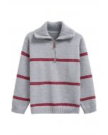 Sporty Stripes Half-Zip Collar Knit Sweater in Grey