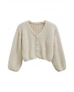 Hand-Knit Drop-Shoulder Buttoned Crop Cardigan in Ivory