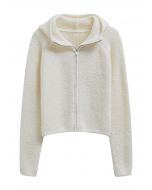 Winter Essentials Hooded Zip-Up Knit Cardigan in Ivory