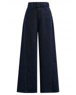 Classic Belted High-Waist Wide-Leg Jeans in Navy