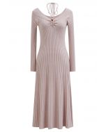 Self-Tie Halter Off-Shoulder Ribbed Knit Midi Dress in Pink