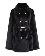 Collared Double-Breasted Faux Fur Cape Coat in Black