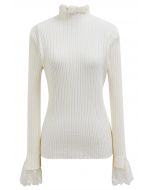 Lace Trim Mock Neck Ribbed Knit Top in White