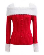 Contrast Fuzzy Folded Shoulder Button Knit Top in Red