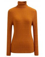 Softness Turtleneck Ribbed Texture Knit Top in Orange