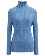 Softness Turtleneck Ribbed Texture Knit Top in Blue