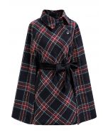 Button Wrap Tie Sash Tartan Cape Coat in Black