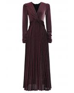 Glistening Twisted Front Pleated Maxi Dress in Burgundy