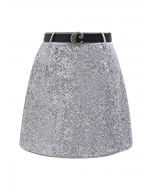 Sparkling Sequin Belted Mini Bud Skirt in Silver