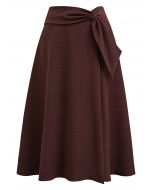 Sash Adorned Split A-Line Midi Skirt in Burgundy