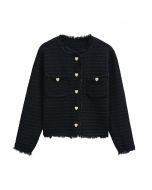 Tassel Edge Metallic Mix Knit Cardigan in Black