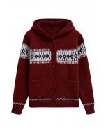 Contrast Fair Isle Buttoned Hooded Knit Cardigan in Red