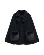 Bowknot Decor Faux Fur Pocket Buttoned Knit Cape Coat in Black