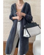 Fluffy Open Front Hooded Longline Knit Cardigan in Smoke