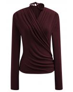 Faux-Wrap Ruched Top with Choker in Burgundy