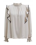 Black Stitch Ruffle Puff Sleeve Shirt in Sand