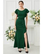 Cascade Ruffle Split Front Sleek Gown in Dark Green