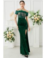 Off-Shoulder Feather Sequin High Slit Gown in Emerald