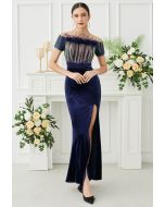 Off-Shoulder Feather Sequin High Slit Gown in Navy