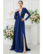 Deep V-Neck Front Split Maxi Gown in Navy