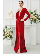 Deep V-Neck Front Split Maxi Gown in Red